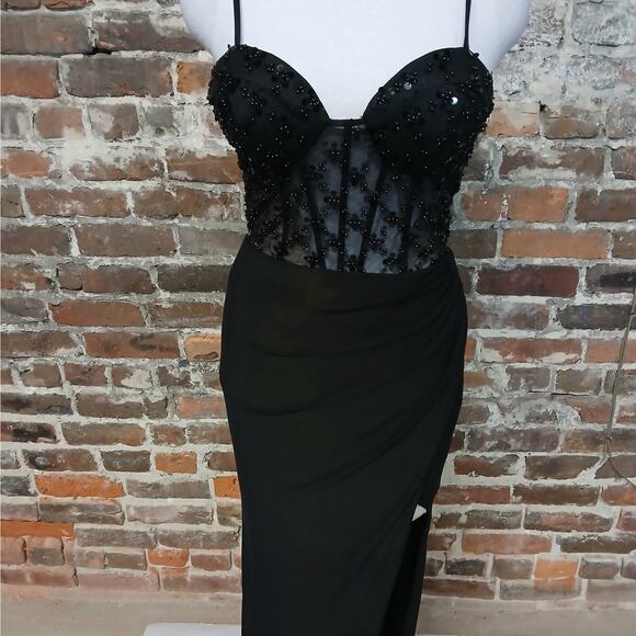 Mac Duggal Ieena Corset Dress Womens Size 2 Black Beaded Formal Evening Gown - Picture 4 of 11